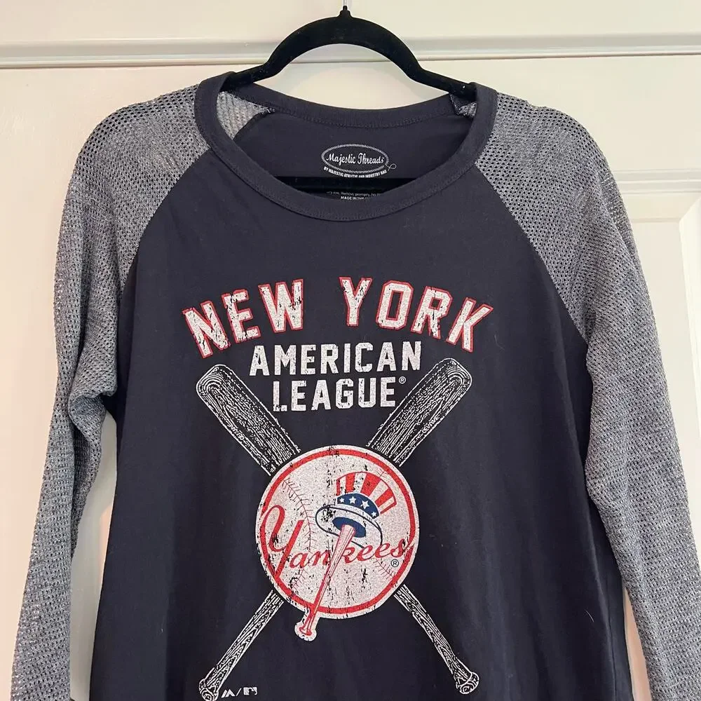 Majestic Threads Women's NY Yankees Two Tone Longsleeve Grey Black Sz L - Picture 3 of 9